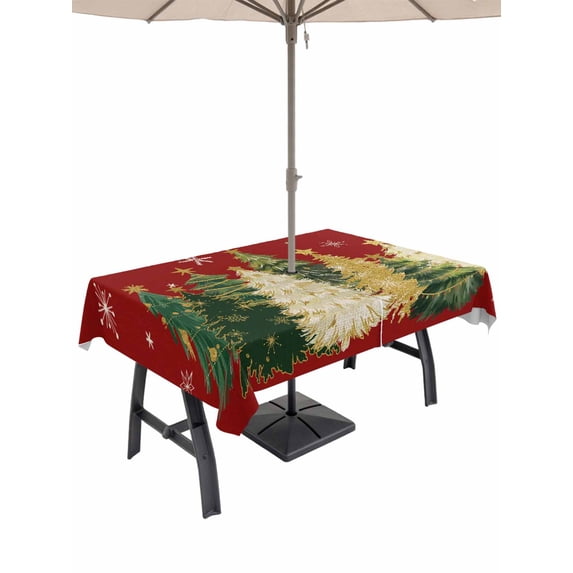 Outdoor Tablecloth with Umbrella Hole and Zipper, Red Christmas Tree Rectangle Table Cloth 60x102 Inch Waterproof Tablecloth, Xmas Tree Winter Snowflake Picnic Table Cover for Patio Camping