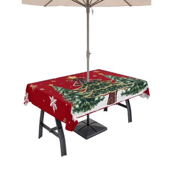 Outdoor Tablecloth with Umbrella Hole and Zipper, Red Christmas Tree Rectangle Table Cloth 60x102 Inch Waterproof Tablecloth, Xmas Trees Snowflake Winter Holiday Picnic Table Cover for Patio Camping