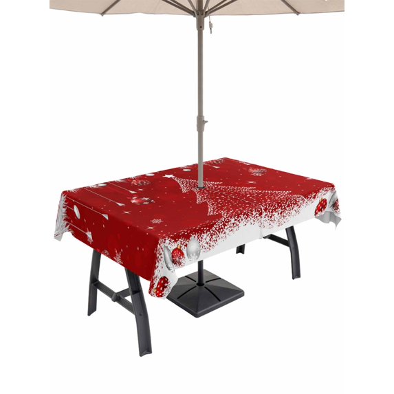 Outdoor Tablecloth with Umbrella Hole and Zipper, Red Christmas Tree Rectangle Table Cloth 60x120 Inch Waterproof Tablecloth, Xmas Balls Pine Needles Snowflake Picnic Table Cover for Patio Camping