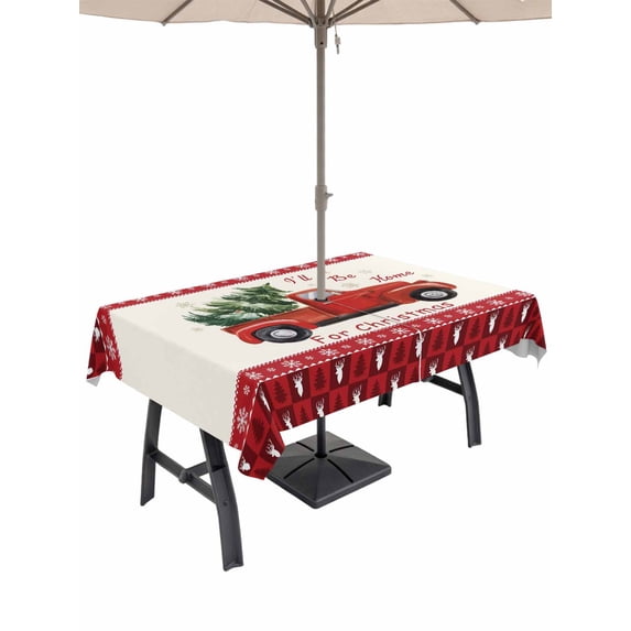 Outdoor Tablecloth with Umbrella Hole and Zipper, Red Christmas Truck Rectangle Table Cloth 52x70 Inch Waterproof Tablecloth, Xmas Tree Snowflake Plaid Holiday Picnic Table Cover for Patio Camping