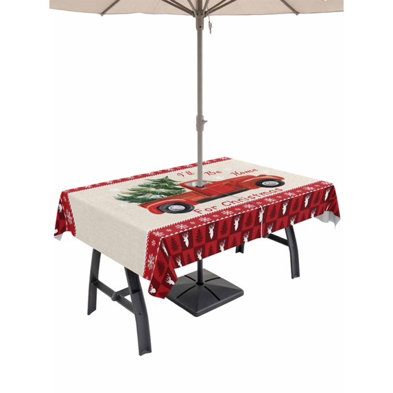 Outdoor Tablecloth with Umbrella Hole and Zipper, Red Christmas Truck Rectangle Table Cloth 60x84 Inch Waterproof Tablecloth, Xmas Tree Snowflake Plaid Winter Picnic Table Cover for Patio Camping
