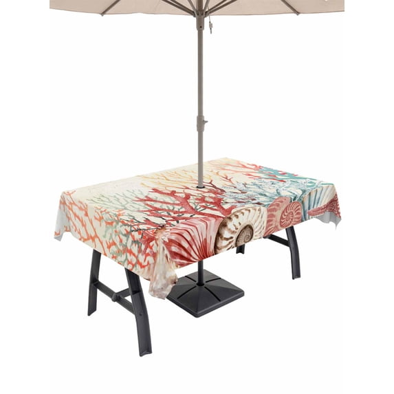 Outdoor Tablecloth with Umbrella Hole and Zipper, Red Coral Coastal Rectangle Table Cloth 52x70 Inch Waterproof Tablecloth, Summer Beach Ocean Shells Starfish Turtle Picnic Table Cover for Patio