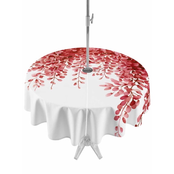 Outdoor Tablecloth with Umbrella Hole Zipper Red Eucalyptus Leaves Round Tablecloth 60" Waterproof Outside Table Cloth Spring Botanical Patio Table Cover Tablecloths for Picnic Party