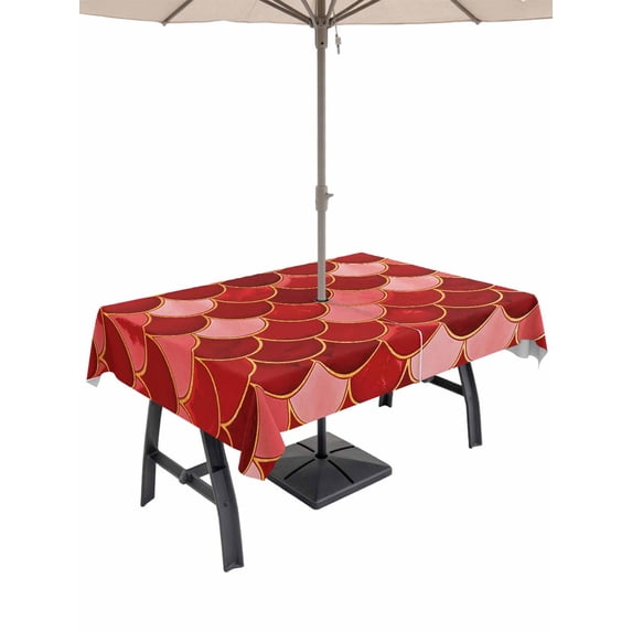 Outdoor Tablecloth with Umbrella Hole and Zipper, Red Fish Scale Rectangle Table Cloth 52x70 Inch Waterproof Tablecloth, Modern Geometric Ombre Abstract Moroccan Picnic Table Cover for Patio Camping