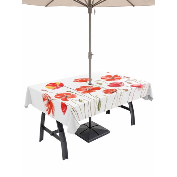 Outdoor Tablecloth with Umbrella Hole and Zipper, Red Flowers Rectangle Table Cloth 60x84 Inch Waterproof Tablecloth, Watercolor Spring Country Botanical Floral Picnic Table Cover for Patio Camping
