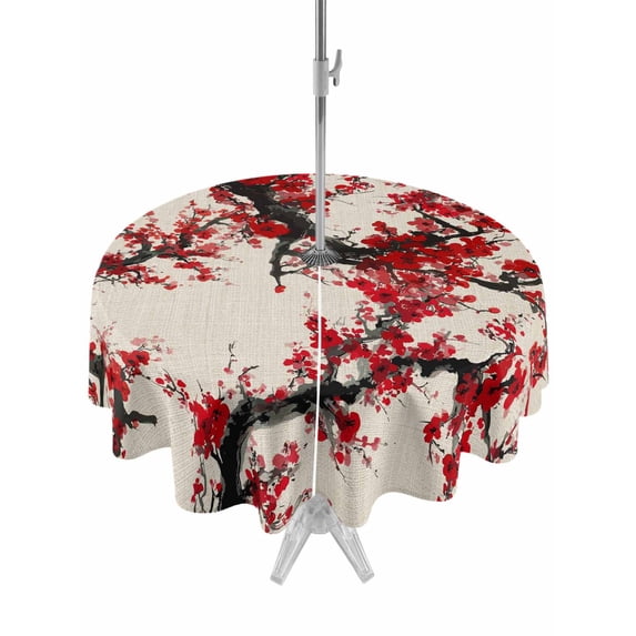 Outdoor Tablecloth with Umbrella Hole and Zipper, Red Flowers Round Table Cloth 60 Inch Waterproof Tablecloth, Chinese Plum Blossoms Traditional Ink Painting Picnic Table Cover for Patio Camping