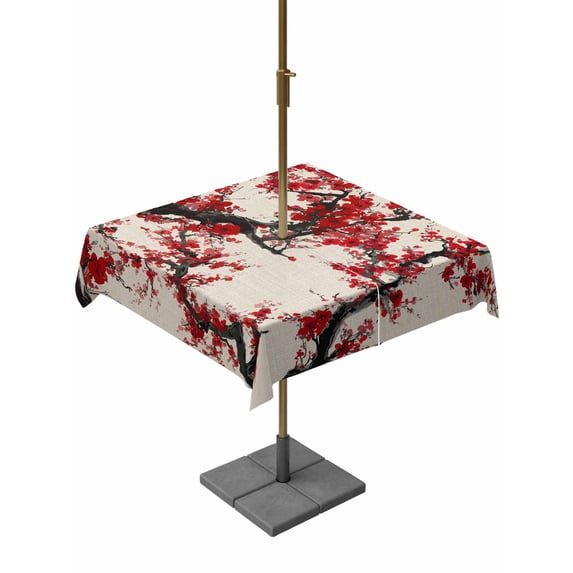 Outdoor Tablecloth with Umbrella Hole and Zipper, Red Flowers Square Table Cloth 54x54 Inch Waterproof Tablecloth, Chinese Plum Blossoms Traditional Ink Painting Picnic Table Cover for Patio Camping