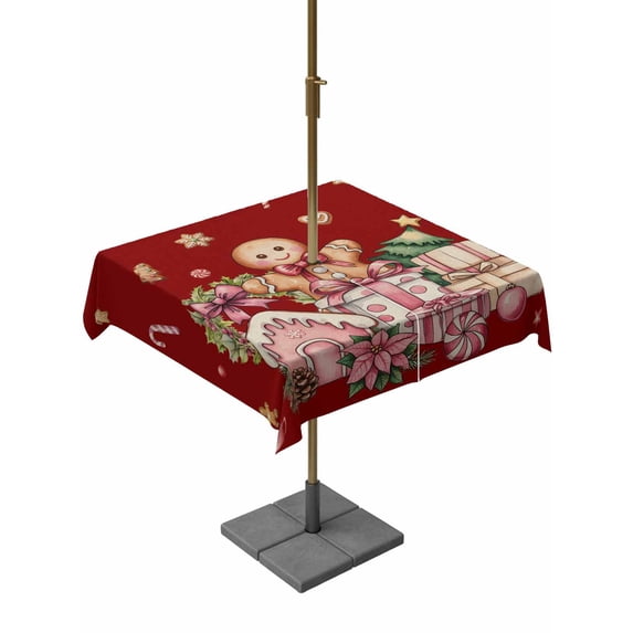 Outdoor Tablecloth with Umbrella Hole and Zipper, Red Gingerbread Christmas Square Table Cloth 60x60 Inch Waterproof Tablecloth, Xmas Tree Gift House Star Picnic Table Cover for Patio Camping