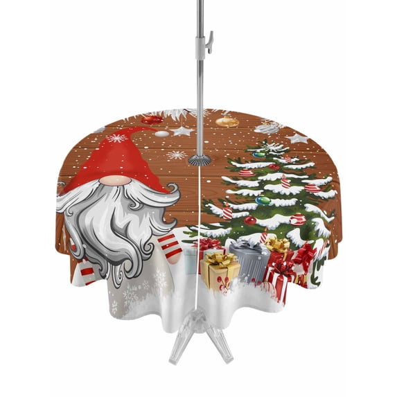 Outdoor Tablecloth with Umbrella Hole and Zipper, Red Gnomes Christmas Round Table Cloth 60 Inch Waterproof Tablecloth, Snowflake Xmas Tree Gifts Winter Wooden Picnic Table Cover for Patio Camping
