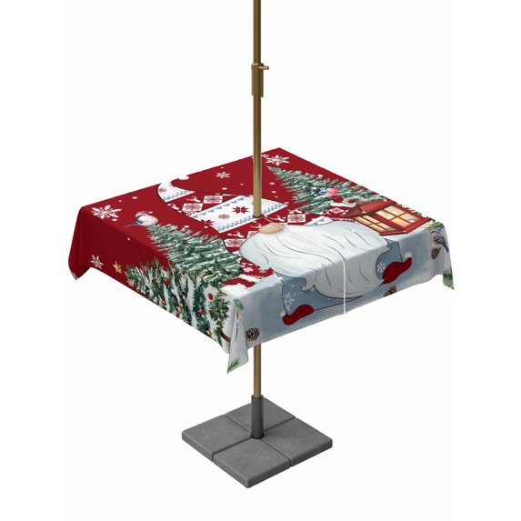 Outdoor Tablecloth with Umbrella Hole and Zipper, Red Gnomes Christmas Square Table Cloth 54x54 Inch Waterproof Tablecloth, Xmas Tree Snowflake Winter Holiday Picnic Table Cover for Patio Camping