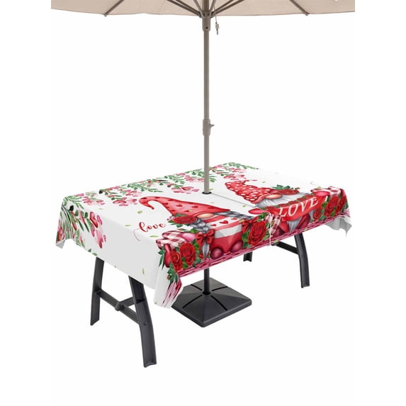 Outdoor Tablecloth with Umbrella Hole and Zipper, Red Gnomes Rectangle Table Cloth 52x70 Inch Waterproof Tablecloth, Valentine's Day Love Roses Leaves White Picnic Table Cover for Patio Camping