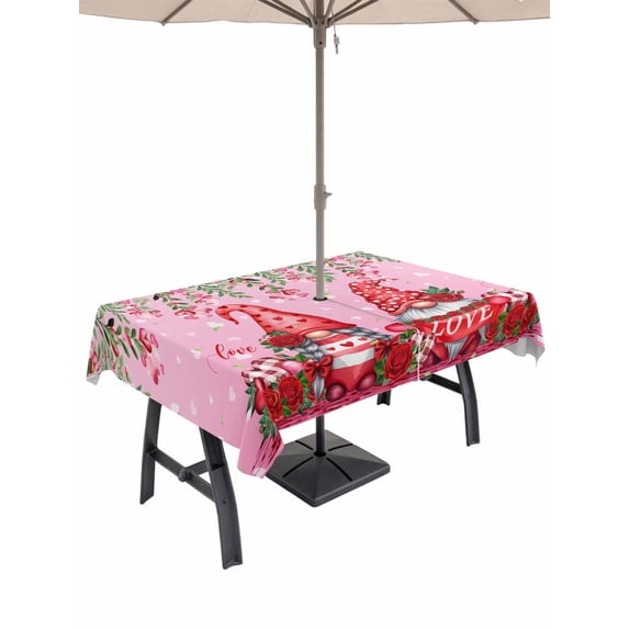 Outdoor Tablecloth with Umbrella Hole and Zipper, Red Gnomes Rectangle Table Cloth 60x120 Inch Waterproof Tablecloth, Valentine's Day Love Roses Leaves Ombre Pink Picnic Table Cover for Patio Camping