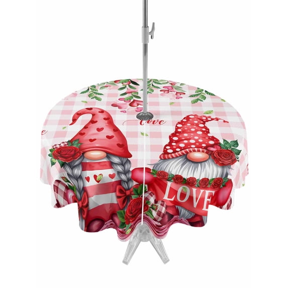 Outdoor Tablecloth with Umbrella Hole and Zipper, Red Gnomes Round Table Cloth 60 Inch Waterproof Tablecloth, Valentine Roses Love Leaves Pink Plaid Picnic Table Cover for Patio Camping