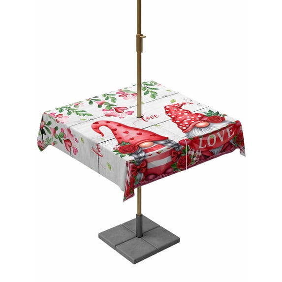Outdoor Tablecloth with Umbrella Hole and Zipper, Red Gnomes Square Table Cloth 60x60 Inch Waterproof Tablecloth, Valentine Roses Love Leaves Wood Rustic Picnic Table Cover for Patio Camping