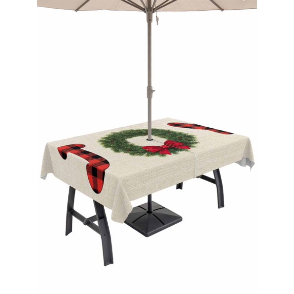 Outdoor Tablecloth with Umbrella Hole and Zipper, Red Green Christmas Rectangle Table Cloth 60x102 Inch Waterproof Tablecloth, Farmhouse Xmas Botanical Winter Picnic Table Cover for Patio Camping