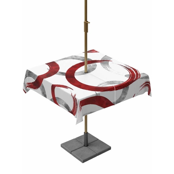 Outdoor Tablecloth with Umbrella Hole and Zipper, Red Grey Square Table Cloth 54x54 Inch Waterproof Tablecloth, Geometric Circle Modern Abstract Simple Art Picnic Table Cover for Patio Camping