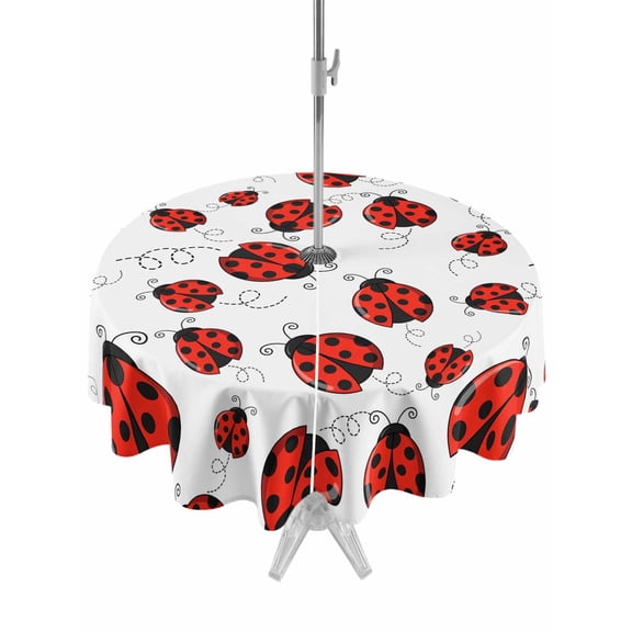Outdoor Tablecloth with Umbrella Hole and Zipper, Red Ladybugs Waterproof Patio Tablecloth for Dining Round 54'', Animal Themed Spring Summer Rustic Wipeable Table Cover for Picnic BBQ Party Patio