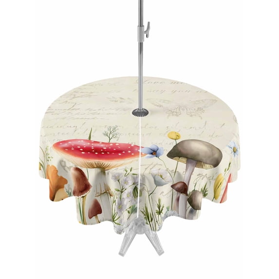 Outdoor Tablecloth with Umbrella Hole Zipper Red Mushrooms Round Tablecloth 54" Waterproof Outside Table Cloth Spring Floral Farmhouse Botanical Elegant Patio Table Cover Tablecloths for Picnic Party