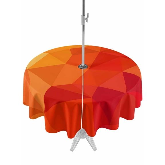 Outdoor Tablecloth with Umbrella Hole Zipper Red Orange Round Tablecloth 60" Waterproof Outside Table Cloth Modern Abstract Ombre Geometric Aesthetic Patio Table Cover Tablecloths for Picnic Party