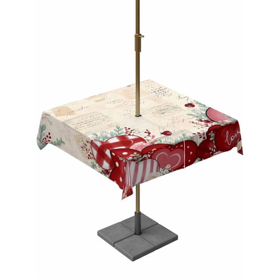 Outdoor Tablecloth with Umbrella Hole and Zipper, Red Pink Valentine's Day Square Table Cloth 54x54 Inch Waterproof Tablecloth, Love Heart Eucalyptus Leaves Retro Picnic Table Cover for Patio Camping