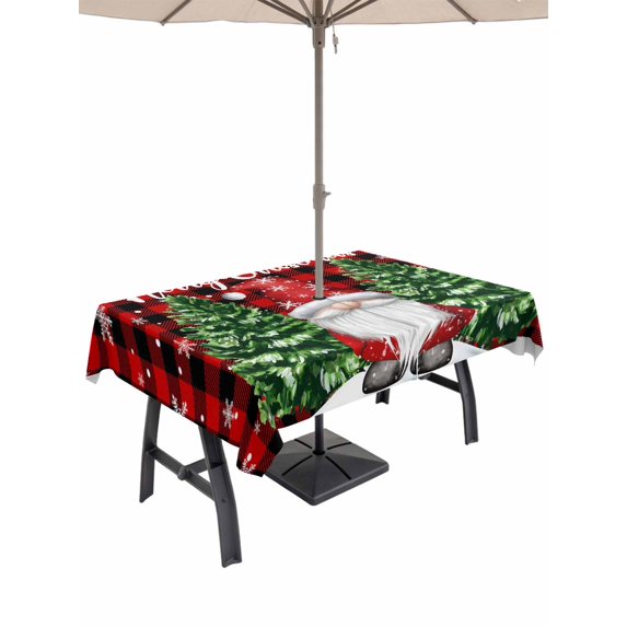 Outdoor Tablecloth with Umbrella Hole and Zipper, Red Plaid Christmas Rectangle Table Cloth 52x70 Inch Waterproof Tablecloth, Gnomes Xmas Tree Snowflake Winter Picnic Table Cover for Patio Camping