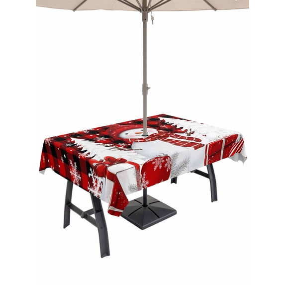 Outdoor Tablecloth with Umbrella Hole and Zipper, Red Plaid Christmas Rectangle Table Cloth 52x70 Inch Waterproof Tablecloth, Snowman Gifts Xmas Tree Winter Snowflake Picnic Table Cover for Patio