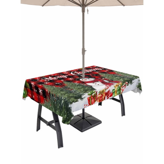 Outdoor Tablecloth with Umbrella Hole and Zipper, Red Plaid Christmas Rectangle Table Cloth 54x80 Inch Waterproof Tablecloth, Xmas Tree Ball Snowflake Winter Gifts Picnic Table Cover for Patio