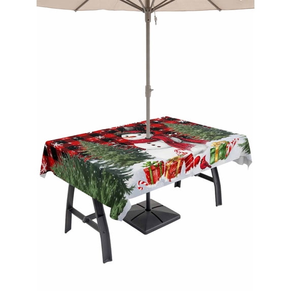 Outdoor Tablecloth with Umbrella Hole and Zipper, Red Plaid Christmas Rectangle Table Cloth 54x80 Inch Waterproof Tablecloth, Xmas Tree Snowflake Winter Gifts Picnic Table Cover for Patio Camping