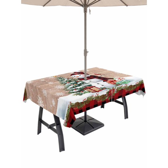Outdoor Tablecloth with Umbrella Hole and Zipper, Red Plaid Christmas Rectangle Table Cloth 60x102 Inch Waterproof Tablecloth, Snowman Xmas Tree Snowflake Gifts Wooden Picnic Table Cover for Patio