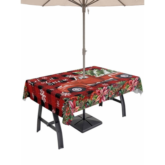 Outdoor Tablecloth with Umbrella Hole and Zipper, Red Plaid Christmas Rectangle Table Cloth 60x102 Inch Waterproof Tablecloth, Truck Xmas Tree Snowflake Winter Poinsettia Picnic Table Cover for Patio