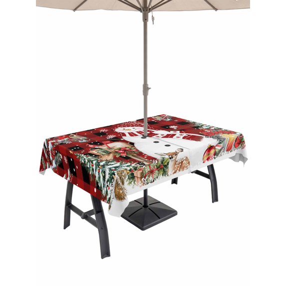 Outdoor Tablecloth with Umbrella Hole and Zipper, Red Plaid Christmas Rectangle Table Cloth 60x84 Inch Waterproof Tablecloth, Snowman Xmas Tree Snowflake Winter Gifts Picnic Table Cover for Patio