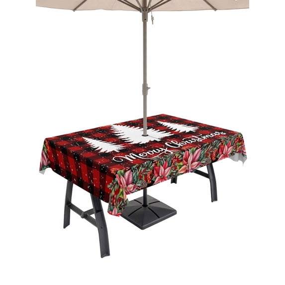 Outdoor Tablecloth with Umbrella Hole and Zipper, Red Plaid Christmas Rectangle Table Cloth 60x84 Inch Waterproof Tablecloth, Xmas Tree Snowflake Poinsettia Picnic Table Cover for Patio Camping