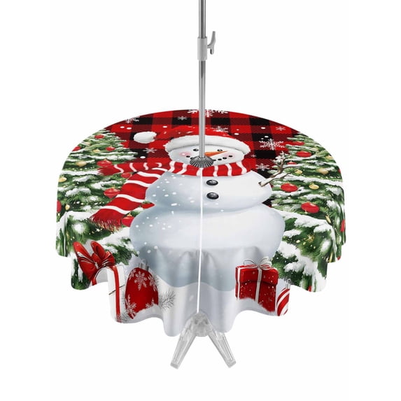 Outdoor Tablecloth with Umbrella Hole and Zipper, Red Plaid Christmas Round Table Cloth 54 Inch Waterproof Tablecloth, Snowman Snowflake Gifts Xmas Tree Picnic Table Cover for Patio Camping