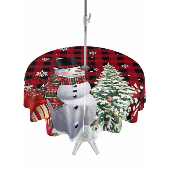 Outdoor Tablecloth with Umbrella Hole and Zipper, Red Plaid Christmas Round Table Cloth 60 Inch Waterproof Tablecloth, Snowman Xmas Tree Poinsettia Snowflake Picnic Table Cover for Patio Camping