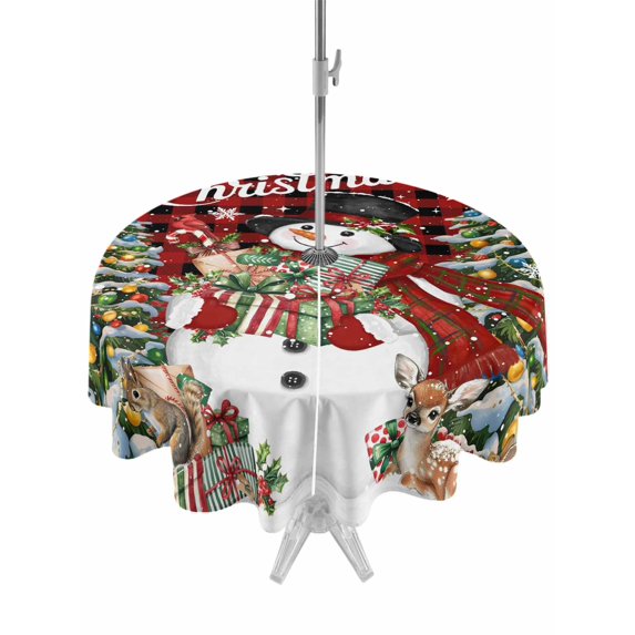 Outdoor Tablecloth with Umbrella Hole and Zipper, Red Plaid Christmas Snowman Round Table Cloth 54 Inch Waterproof Tablecloth, Xmas Tree Snowflake Botanical Picnic Table Cover for Patio Camping