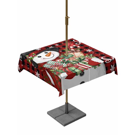 Outdoor Tablecloth with Umbrella Hole and Zipper, Red Plaid Christmas Snowman Square Table Cloth 54x54 Inch Waterproof Tablecloth, Xmas Botanical Birds Snowflake Picnic Table Cover for Patio Camping