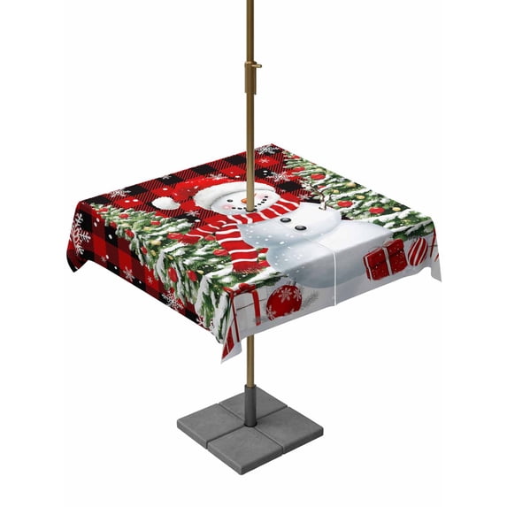 Outdoor Tablecloth with Umbrella Hole and Zipper, Red Plaid Christmas Square Table Cloth 54x54 Inch Waterproof Tablecloth, Snowman Snowflake Gifts Xmas Tree Picnic Table Cover for Patio Camping