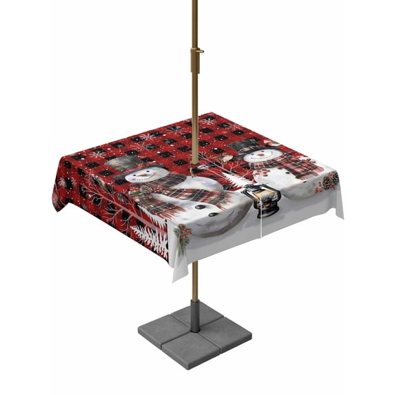 Outdoor Tablecloth with Umbrella Hole and Zipper, Red Plaid Christmas Square Table Cloth 54x54 Inch Waterproof Tablecloth, Snowman Snowflake Winter Birds Picnic Table Cover for Patio Camping