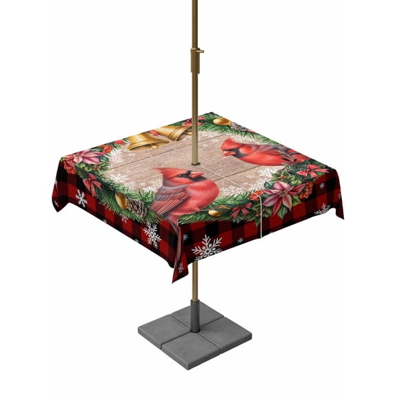 Outdoor Tablecloth with Umbrella Hole and Zipper, Red Plaid Christmas Square Table Cloth 54x54 Inch Waterproof Tablecloth, Xmas Snowflake Birds Botanical Picnic Table Cover for Patio Camping