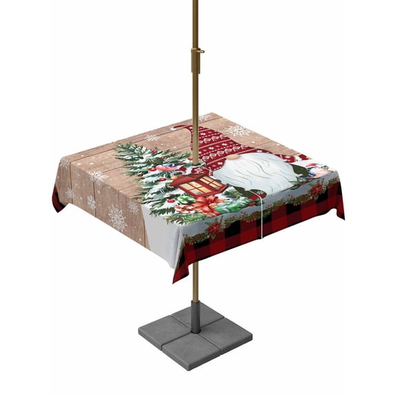 Outdoor Tablecloth with Umbrella Hole and Zipper, Red Plaid Christmas Square Table Cloth 60x60 Inch Waterproof Tablecloth, Gnomes Snowflake Xmas Tree Gifts Picnic Table Cover for Patio Camping