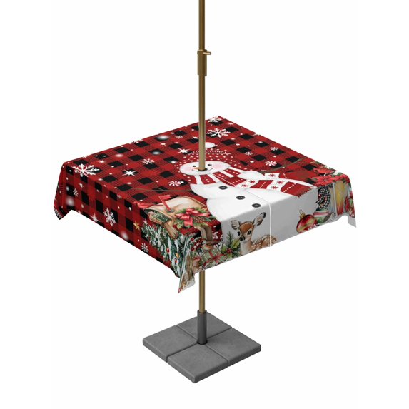 Outdoor Tablecloth with Umbrella Hole and Zipper, Red Plaid Christmas Square Table Cloth 60x60 Inch Waterproof Tablecloth, Snowman Gifts Xmas Tree Snowflake Winter Picnic Table Cover for Patio