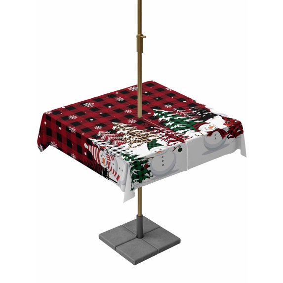 Outdoor Tablecloth with Umbrella Hole and Zipper, Red Plaid Christmas Square Table Cloth 60x60 Inch Waterproof Tablecloth, Snowman Xmas Tree Winter Snowflake Picnic Table Cover for Patio Camping
