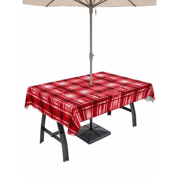 Outdoor Tablecloth with Umbrella Hole and Zipper, Red Plaid Rectangle Table Cloth 54x80 Inch Waterproof Tablecloth, Modern Art Checkered Farmhouse Picnic Table Cover for Patio Camping