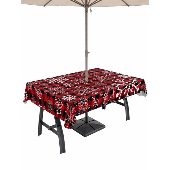 Outdoor Tablecloth with Umbrella Hole and Zipper, Red Plaid Snowflake Christmas Rectangle Table Cloth 60x84 Inch Waterproof Tablecloth, Xmas Snowflake Picnic Table Cover for Patio Camping