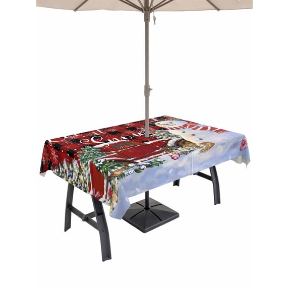 Outdoor Tablecloth with Umbrella Hole and Zipper, Red Plaid Snowman Christmas Rectangle Table Cloth 60x120 Inch Waterproof Tablecloth, Snowflake Red Truck Xmas Tree Gifts Picnic Table Cover for Patio