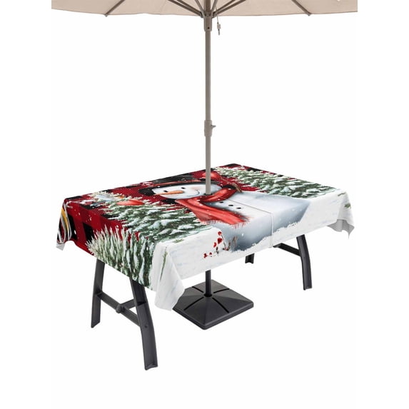 Outdoor Tablecloth with Umbrella Hole and Zipper, Red Plaid Snowman Christmas Rectangle Table Cloth 60x120 Inch Waterproof Tablecloth, Xmas Tree Snowflake Birds Branches Picnic Table Cover for Patio