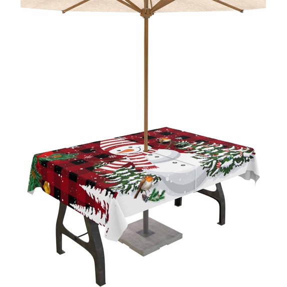 Outdoor Tablecloth with Umbrella Hole & Zipper, Red Plaid Snowman Christmas Rectangle Tablecloth 60x102 Inch, Xmas Tree Snowflake Balls Patio Table Cover Waterproof Table Cloth for Picnic