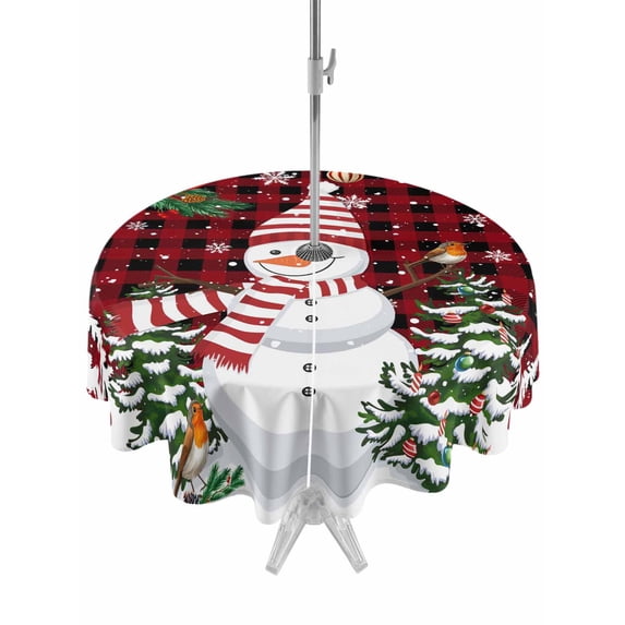 Outdoor Tablecloth with Umbrella Hole and Zipper, Red Plaid Snowman Christmas Round Table Cloth 60 Inch Waterproof Tablecloth, Xmas Tree Snowflake Balls Picnic Table Cover for Patio Camping