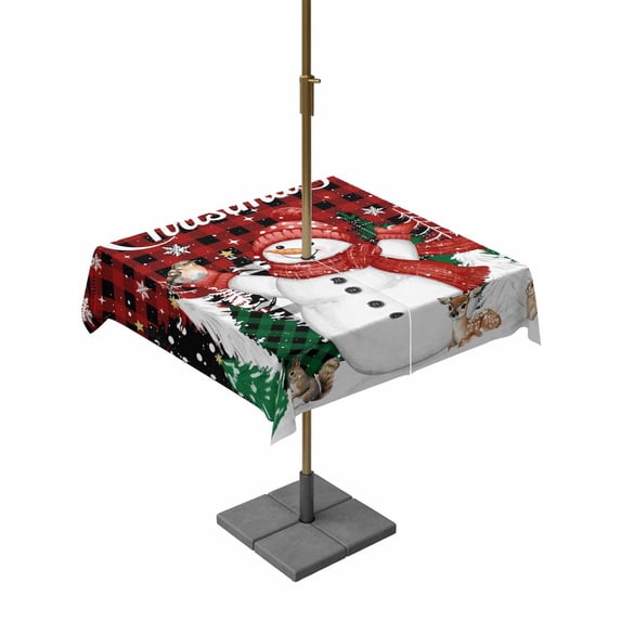 Outdoor Tablecloth with Umbrella Hole and Zipper, Red Plaid Snowman Christmas Square Table Cloth 54x54 Inch Waterproof Tablecloth, Xmas Tree Snowflake Elk Winter Picnic Table Cover for Patio Camping