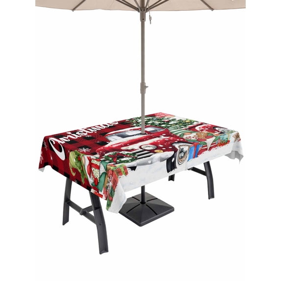 Outdoor Tablecloth with Umbrella Hole and Zipper, Red Plaid Truck Christmas Rectangle Table Cloth 60x102 Inch Waterproof Tablecloth, Gnomes Xmas Tree Snowflake Gifts Picnic Table Cover for Patio